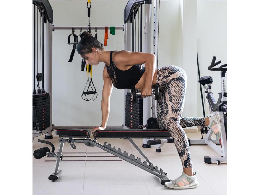 Vente Unique Banc De Musculation Dossier Réglable 10 Positions Banc Pour Entraînement Complet Du Corps En Métal Charge 300KG Avec 2 Roues Idéal Pour Développé Couché Et Abdominaux