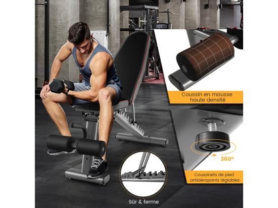 Vente Unique Banc De Musculation Dossier Réglable 10 Positions Banc Pour Entraînement Complet Du Corps En Métal Charge 300KG Avec 2 Roues Idéal Pour Développé Couché Et Abdominaux