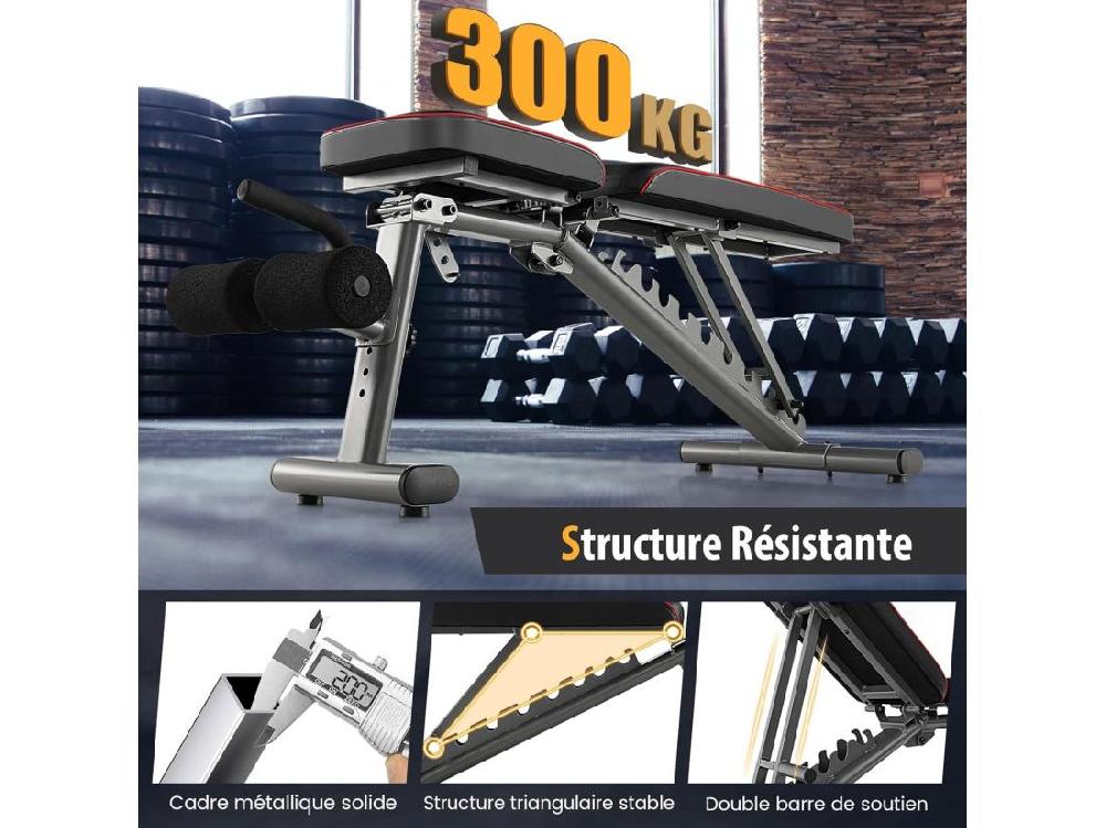 vente unique Banc de Musculation Dossier Réglable 10 Positions Banc pour Entraînement Complet du Corps en Métal Charge 300KG avec 2 Roues Idéal pour Développé Couché et Abdominaux