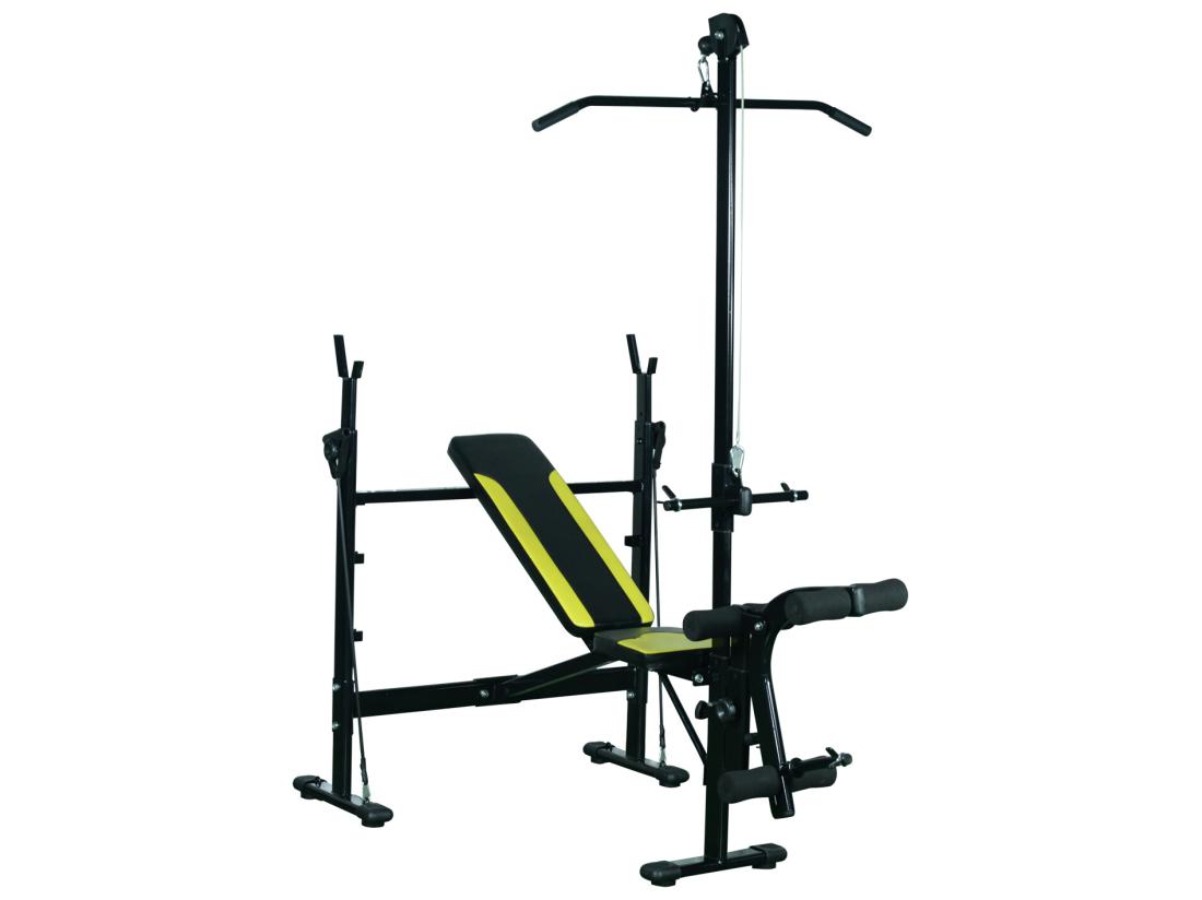 Vente Unique Banc De Musculation Fitness Entrainement Complet Dossier Réglable Cordes Traction Curler Supports Barre Et Haltères Noir Et Jaune