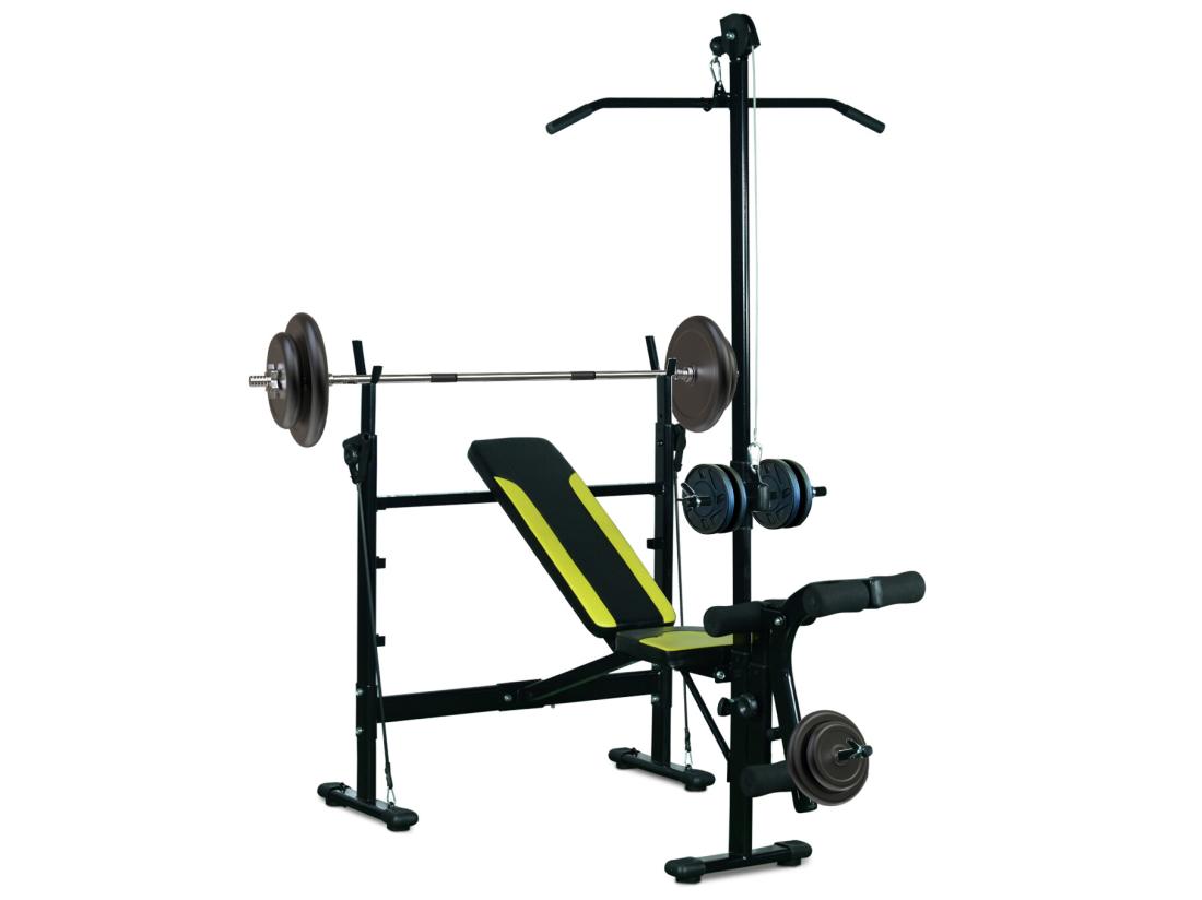 Vente Unique Banc De Musculation Fitness Entrainement Complet Dossier Réglable Cordes Traction Curler Supports Barre Et Haltères Noir Et Jaune