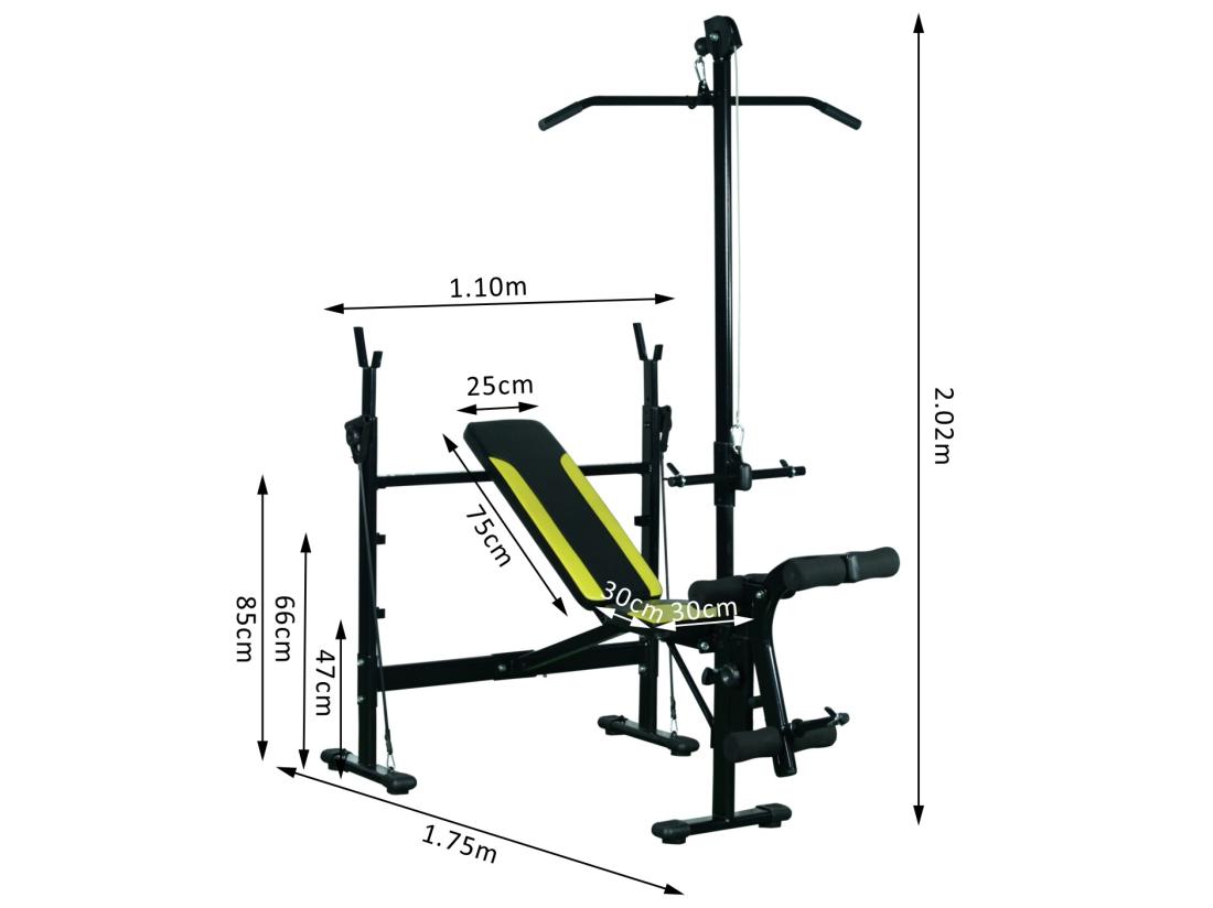 vente unique Banc de musculation Fitness entrainement complet dossier réglable cordes traction curler supports barre et haltères noir et jaune