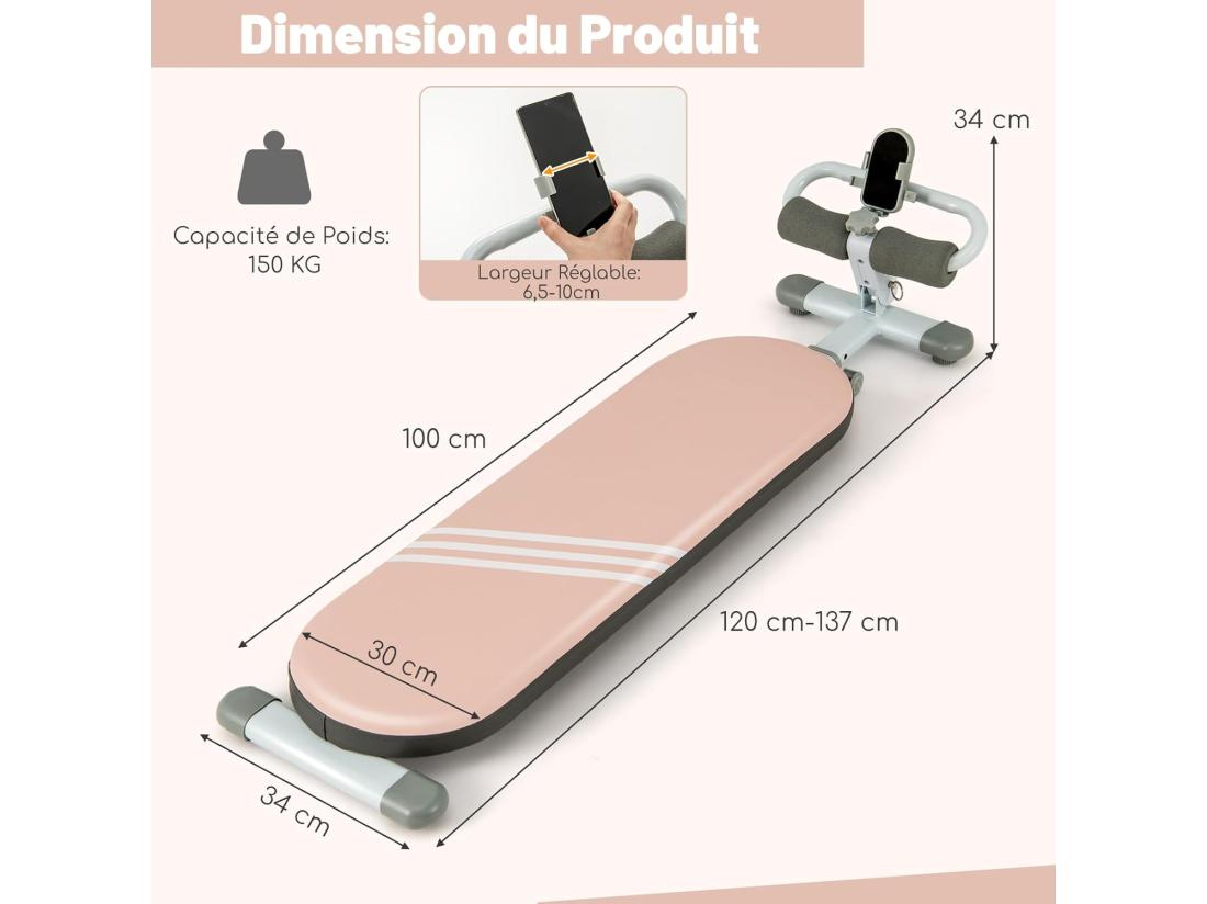 Vente Unique Banc De Musculation Multifonction Avec 3 Angles Et Longueur Réglable Banc De Redressement Assis Pliable Charge 150KG Plateforme D'Entraînement (Rose)
