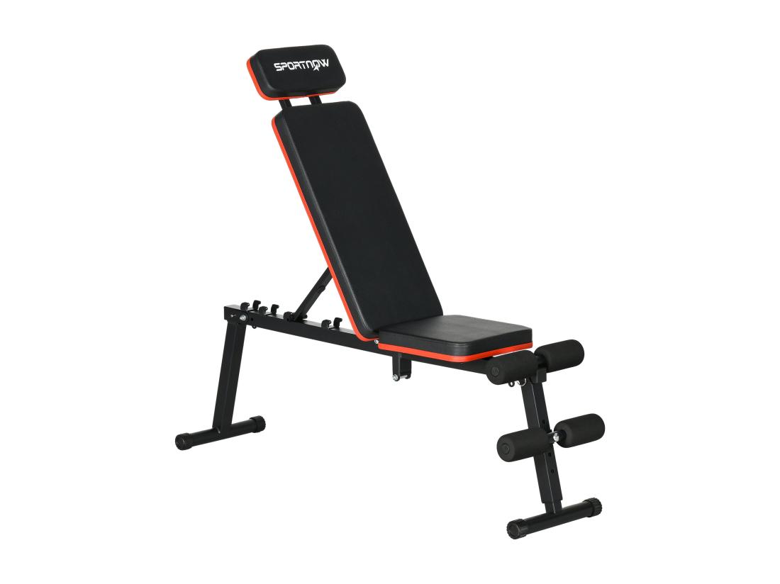 Vente Unique Banc De Musculation Pliable Inclinable Abdominaux - 4 Coussins Presse-jambes - Acier PU Rouge Noir