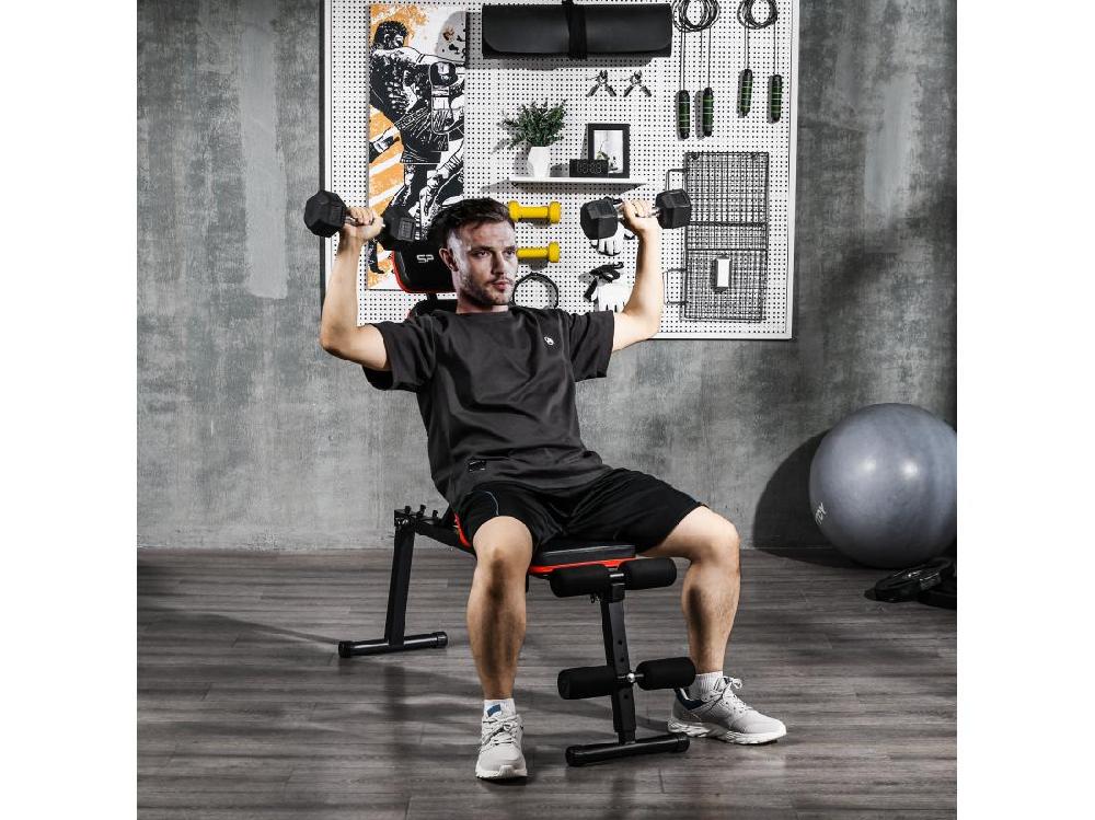 Vente Unique Banc De Musculation Pliable Inclinable Abdominaux - 4 Coussins Presse-jambes - Acier PU Rouge Noir