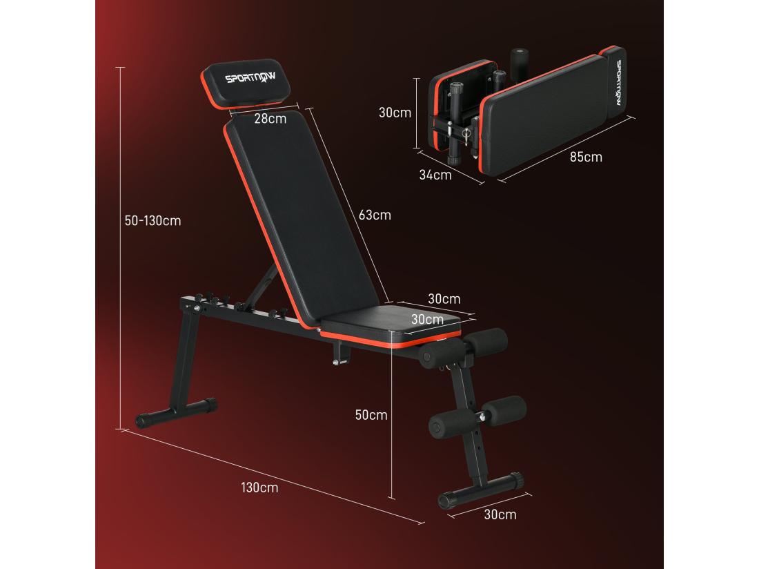 vente unique Banc de musculation pliable inclinable abdominaux - 4 coussins presse-jambes - acier PU rouge noir