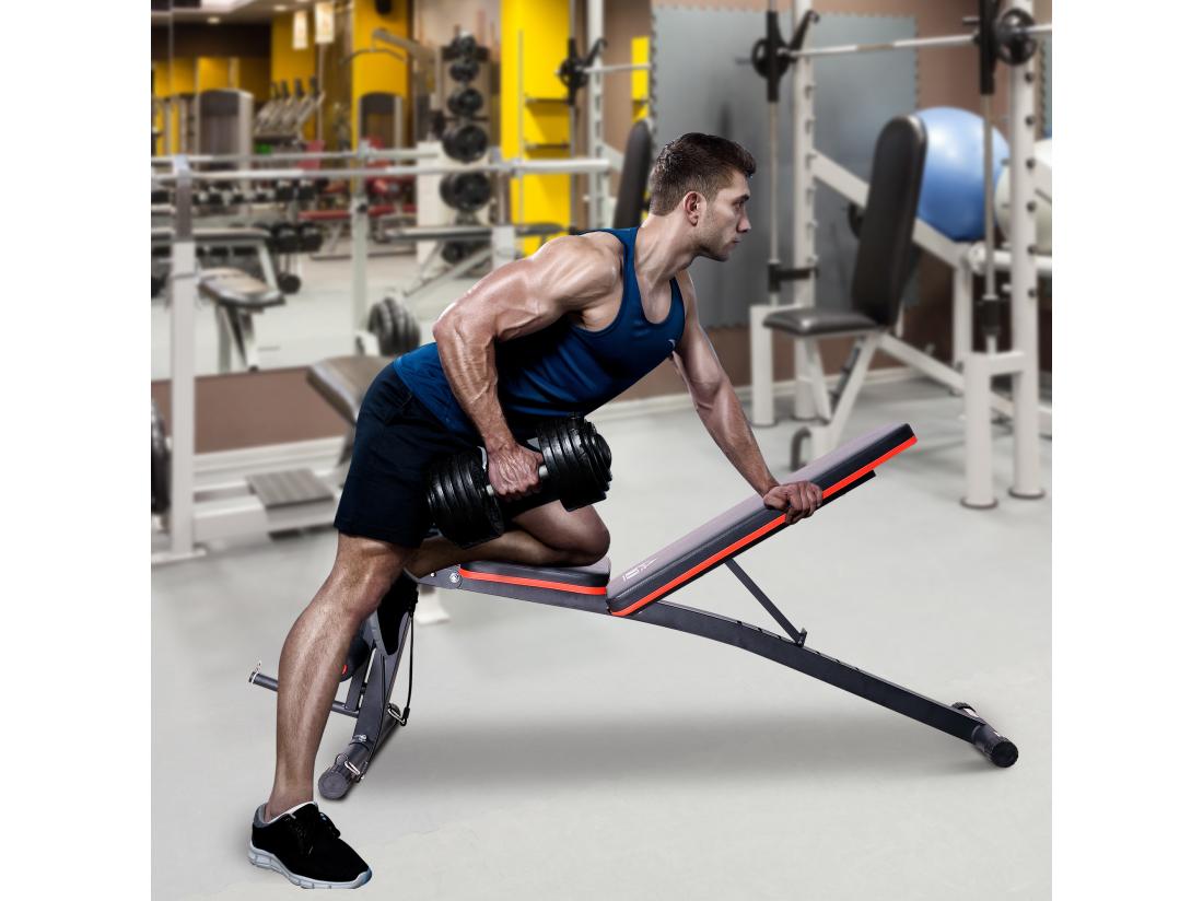 Vente Unique Banc De Musculation Pliable Inclinable Réglable 160L X 53l X 106H Cm Sangles élastiques + Support Haltères Inclus Acier Noir Rouge