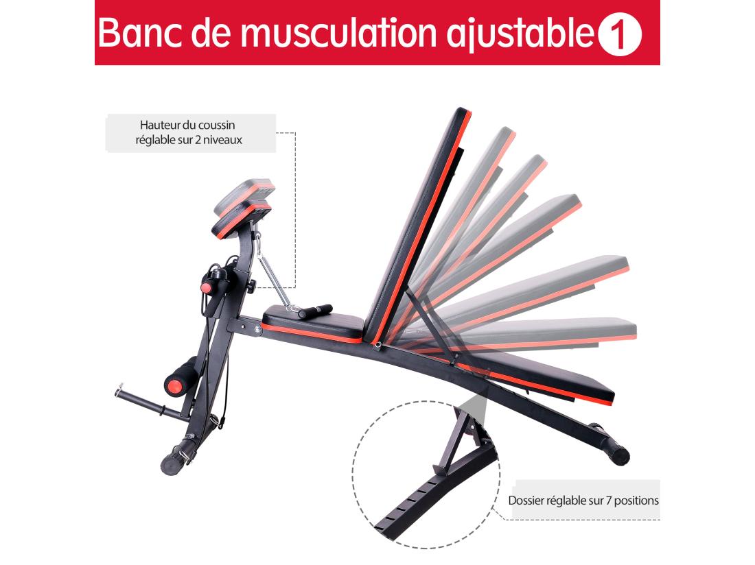 Vente Unique Banc De Musculation Pliable Inclinable Réglable 160L X 53l X 106H Cm Sangles élastiques + Support Haltères Inclus Acier Noir Rouge