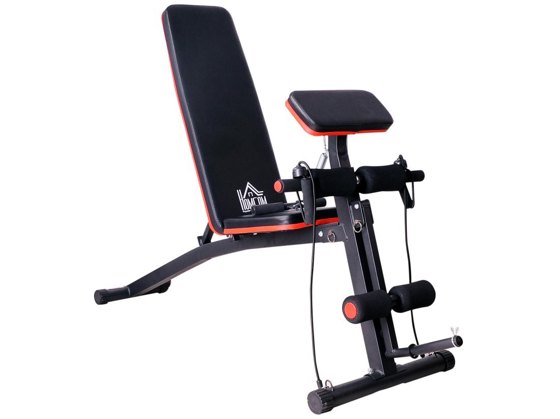 vente unique Banc de musculation pliable inclinable réglable 160L x 53l x 106H cm sangles élastiques + support haltères inclus acier noir rouge