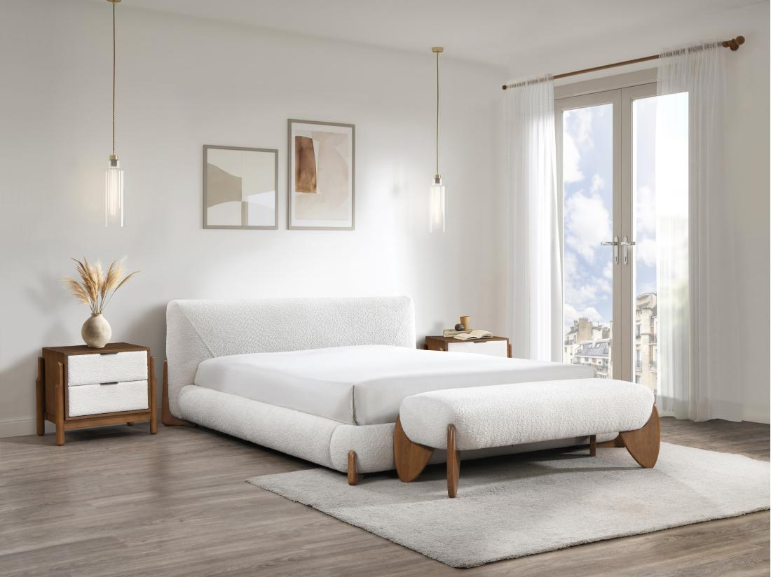 Vente Unique Banc En Tissu Bouclette - Blanc Et Naturel - GAMURA