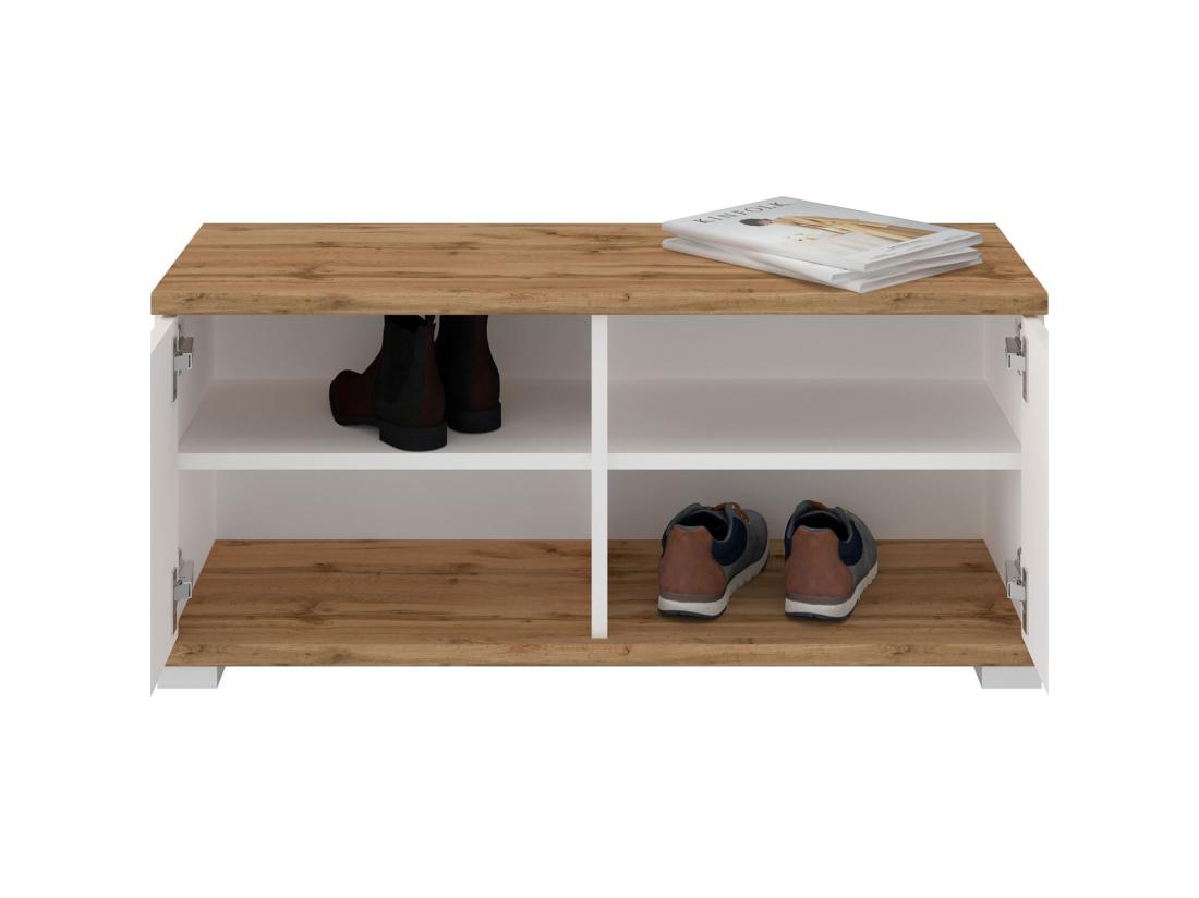 vente unique Banc rangement à chaussures VIELLA banc d'entrée 2 portes en mélaminé couleur chêne wotan et blanc