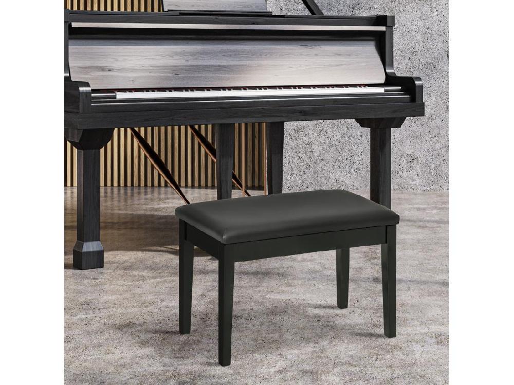 vente unique Banquette tabouret siège pour piano avec coffre de rangement pied bois hévéa revêtement synthétique noir