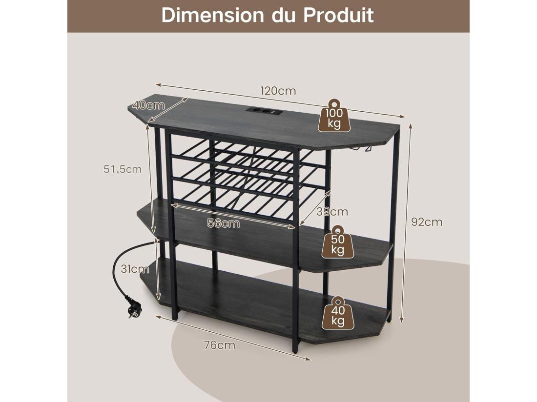 Vente Unique Bar à Vin Industriel étagère à Vin 21 Bouteilles Prises De Courant 2 Ports Usb Gris