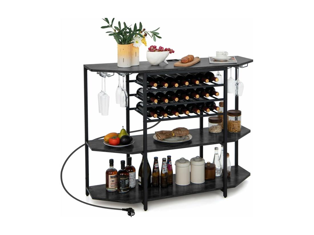 Vente Unique Bar à Vin Industriel étagère à Vin 21 Bouteilles Prises De Courant 2 Ports Usb Gris