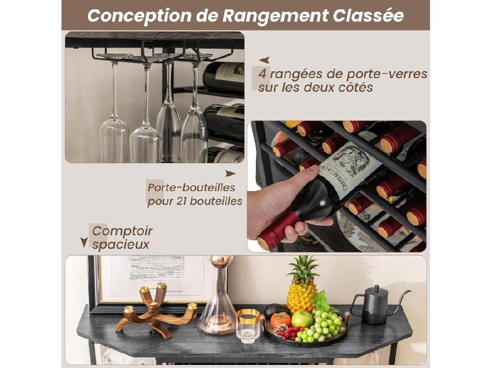 vente unique Bar à vin industriel étagère à vin 21 bouteilles prises de courant 2 ports usb gris