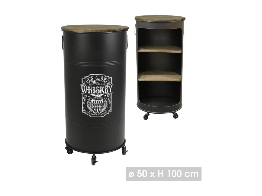 Vente Unique Bar Bidon Ouvert Avec Roulettes Style Industriel Collection OLD GLORY. Diamètre 50cm Hauteur 100cmcm