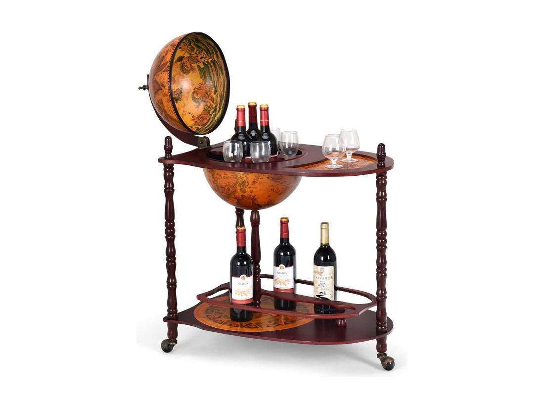 Vente Unique Bar Globe Terrestre Vintage Mappe Monde En Bois D'eucalyptus Avec Roulette