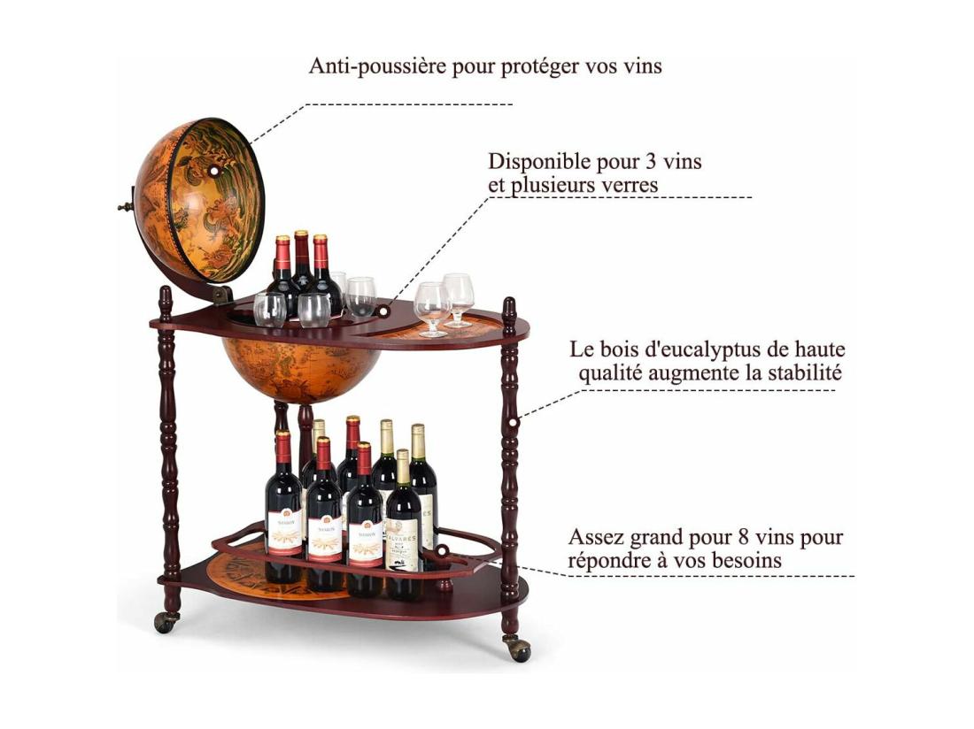 Vente Unique Bar Globe Terrestre Vintage Mappe Monde En Bois D'eucalyptus Avec Roulette