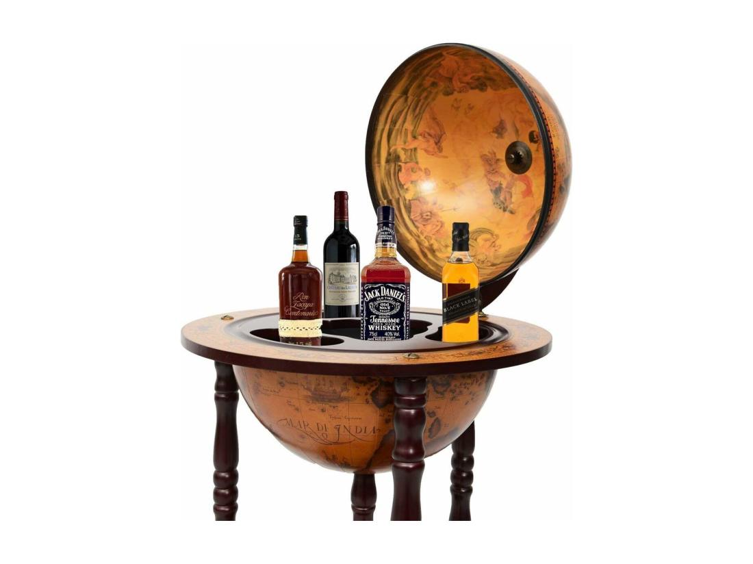 Vente Unique Bar Globe Terrestre Vintage Mappemonde En Bois D'Eucalyptus Porte-Bouteilles 16e Siècle Ajout Une Décoration Rustique Pour Votre Maison