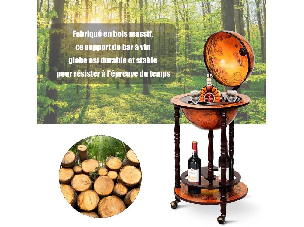 Vente Unique Bar Globe Terrestre Vintage Mappemonde En Bois D'Eucalyptus Porte-Bouteilles 16e Siècle Ajout Une Décoration Rustique Pour Votre Maison