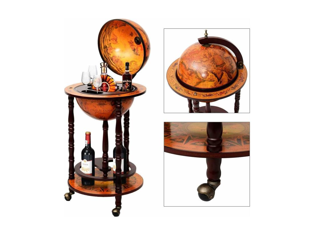 Vente Unique Bar Globe Terrestre Vintage Mappemonde En Bois D'Eucalyptus Porte-Bouteilles 16e Siècle Ajout Une Décoration Rustique Pour Votre Maison