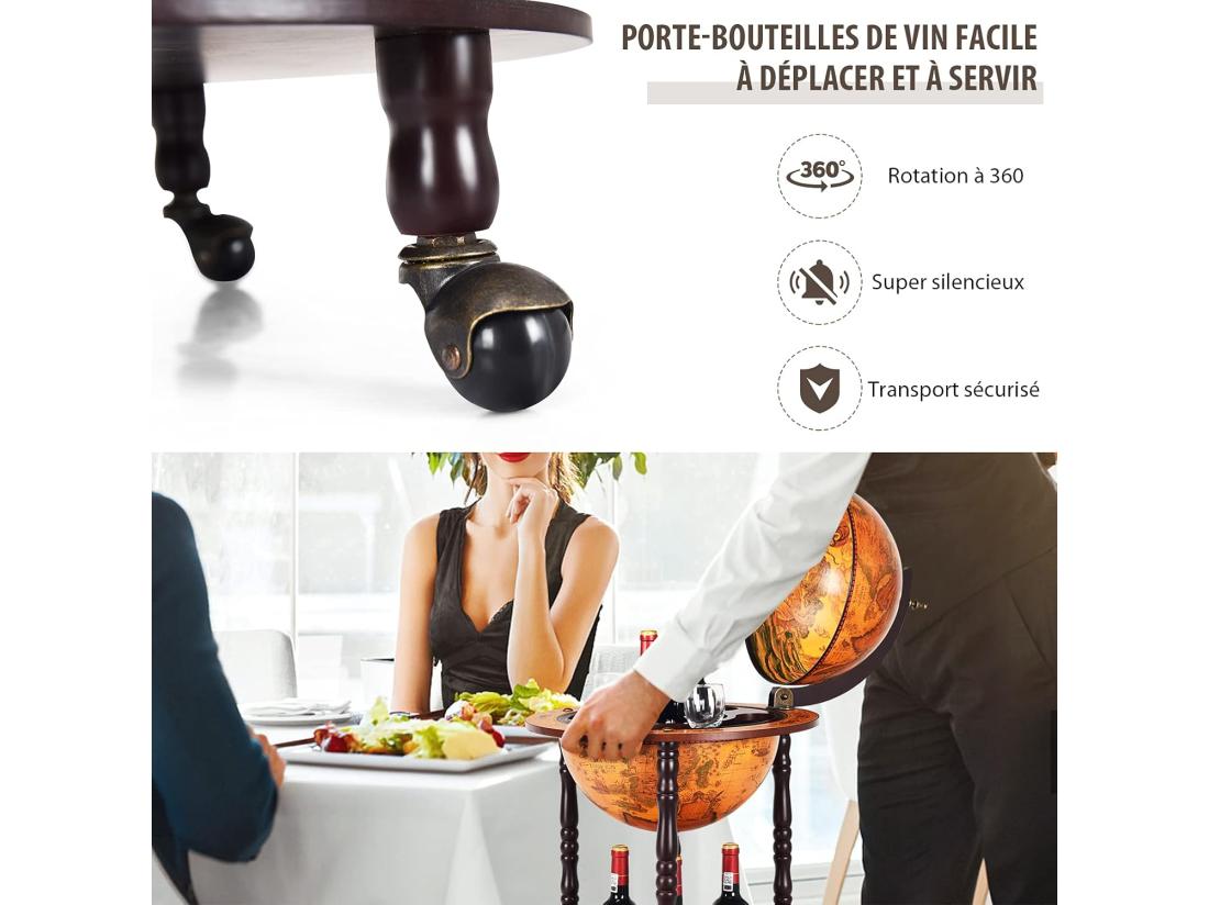 vente unique Bar globe terrestre vintage mappemonde en bois d'eucalyptus 47 x 47 x 90cm