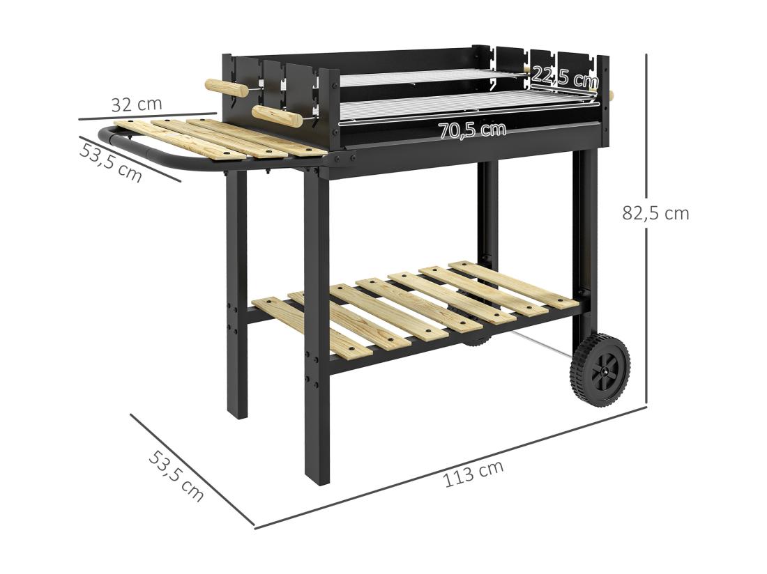 Vente Unique Barbecue à Charbon Sur Pied Double Grille Réglable 2 Roues 2 étagères Noir