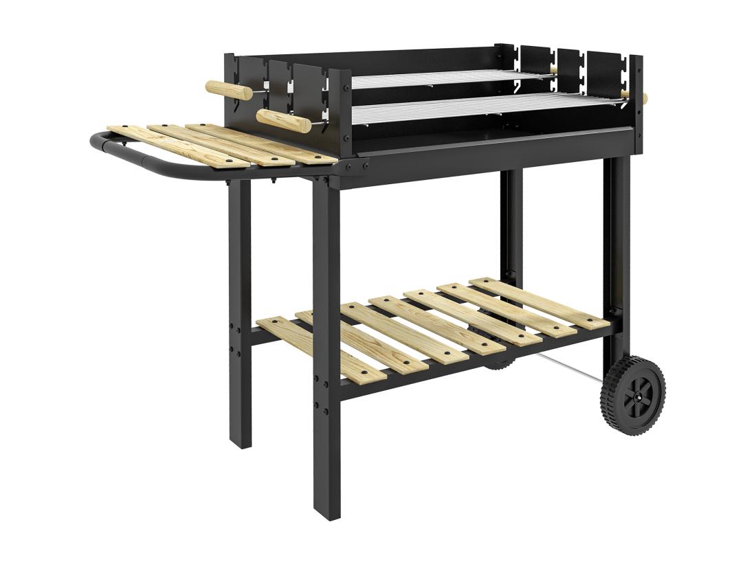 Vente Unique Barbecue à Charbon Sur Pied Double Grille Réglable 2 Roues 2 étagères Noir