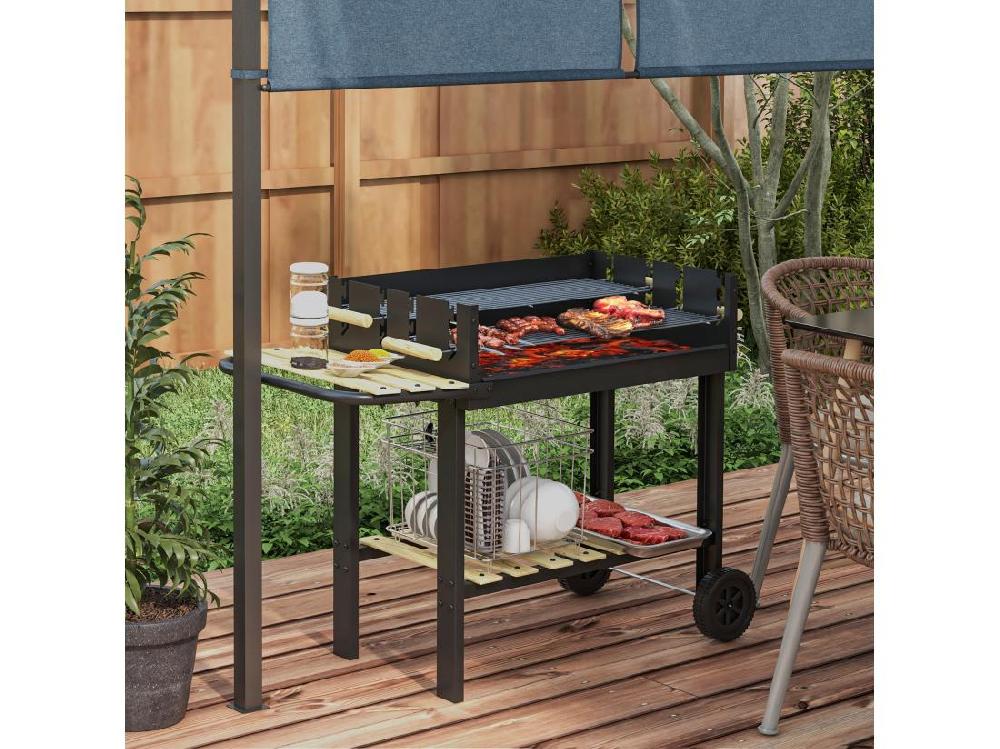 vente unique Barbecue à charbon sur pied double grille réglable 2 roues 2 étagères noir