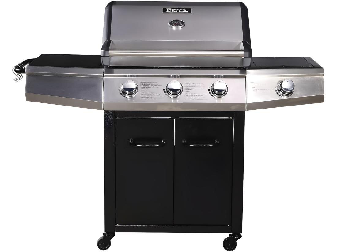 Vente Unique Barbecue Gaz Avec LED "Bingo 4" - 4 Brûleurs Dont 1 Latéral - 14kW + Housse Protection - Noir