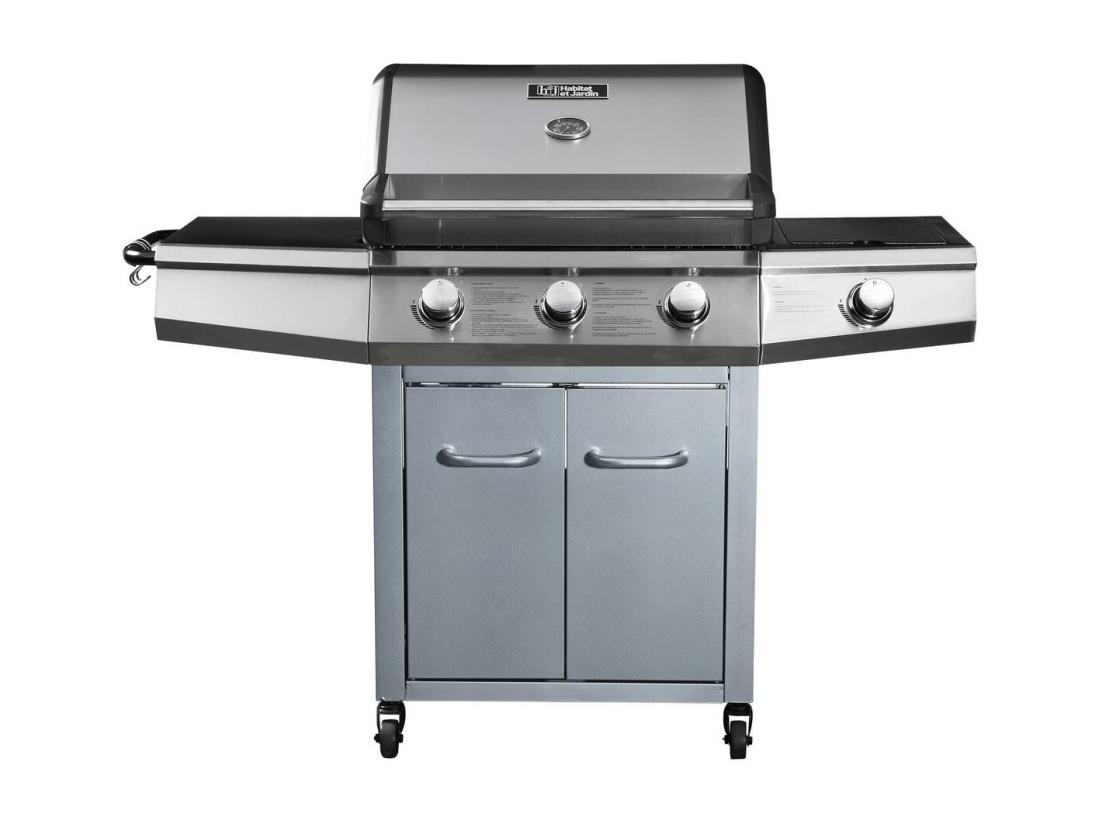 Vente Unique Barbecue Gaz Avec LED "Bingo 4" - 4 Brûleurs Dont 1 Latéral - 14kW + Housse Protection - Argenté