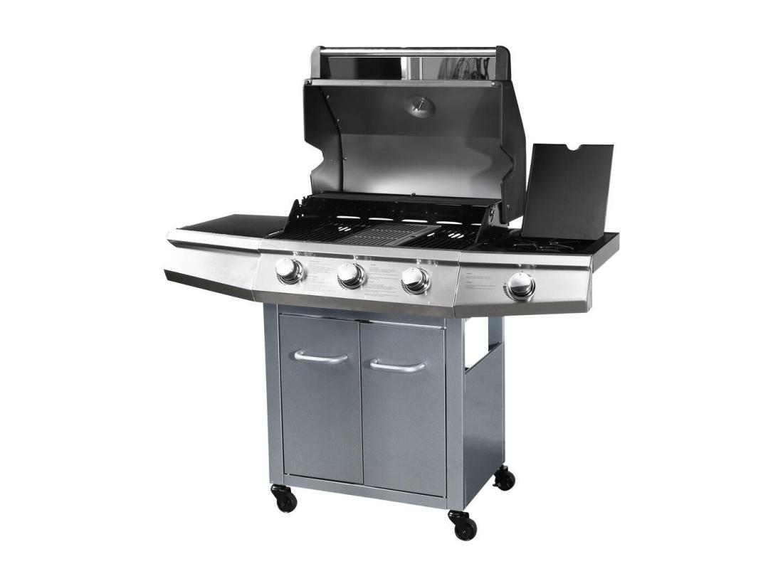 Vente Unique Barbecue Gaz Avec LED "Bingo 4" - 4 Brûleurs Dont 1 Latéral - 14kW + Housse Protection - Argenté