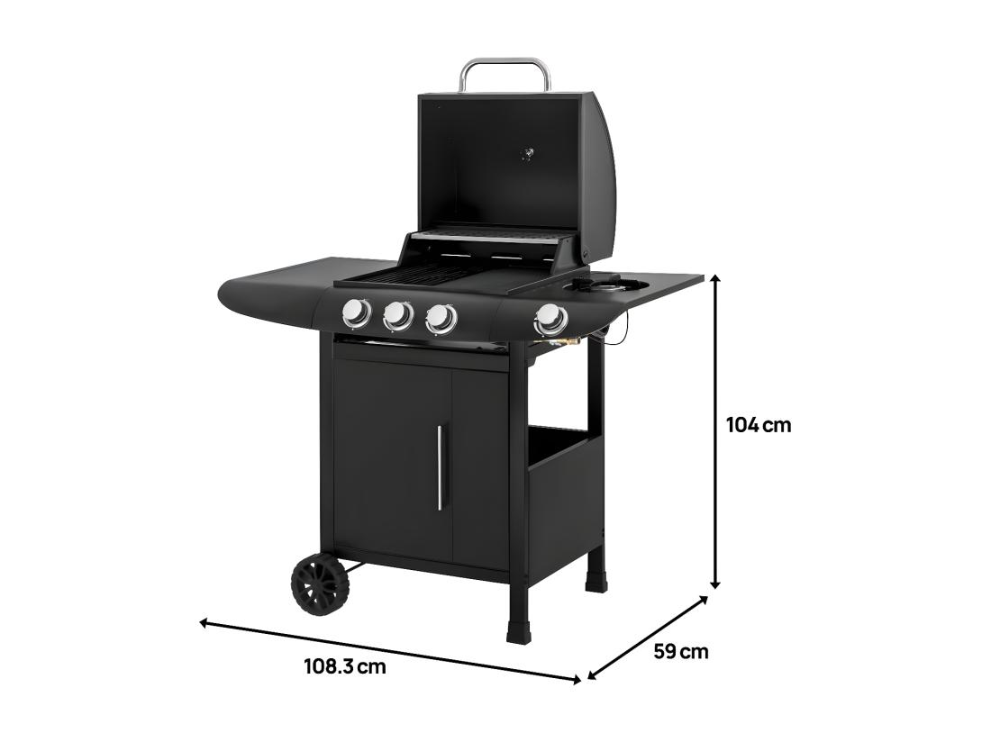 Vente Unique Barbecue Gaz "Feria 4" - 4 Brûleurs Dont 1 Latéral - 11.5 Kw - Noir