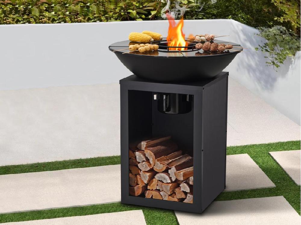 vente unique Barbecue plancha brasero à charbon et bois avec rangement L80 x l80 x H95 cm noir - IGNOS
