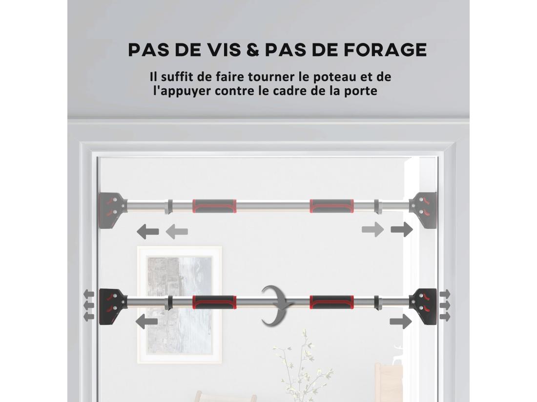 Vente Unique Barre De Traction - Barre De Porte - Pull Up Bar - Barre D'étirement Musculation Pour Cadres De Porte Sans Vis - Longueur Ajustable (75-92cm)