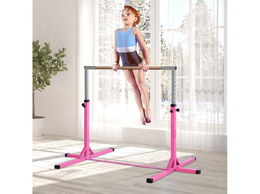 Vente Unique Barre Fixe De Gymnastique Enfant - Barre De Gymnastique Hauteur Réglable 13 Niveaux 92 à 150 Cm - Acier Rose Bois Massif Hêtre