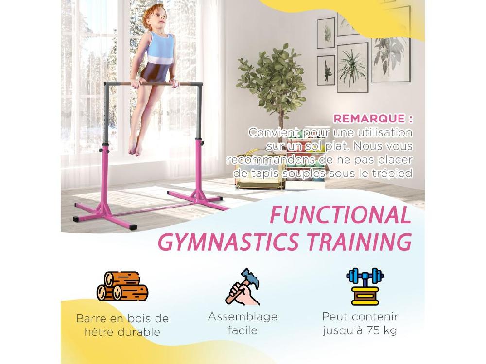 Vente Unique Barre Fixe De Gymnastique Enfant - Barre De Gymnastique Hauteur Réglable 13 Niveaux 92 à 150 Cm - Acier Rose Bois Massif Hêtre