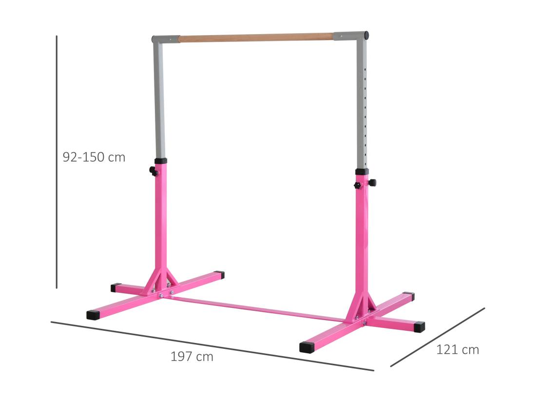 Vente Unique Barre Fixe De Gymnastique Enfant - Barre De Gymnastique Hauteur Réglable 13 Niveaux 92 à 150 Cm - Acier Rose Bois Massif Hêtre