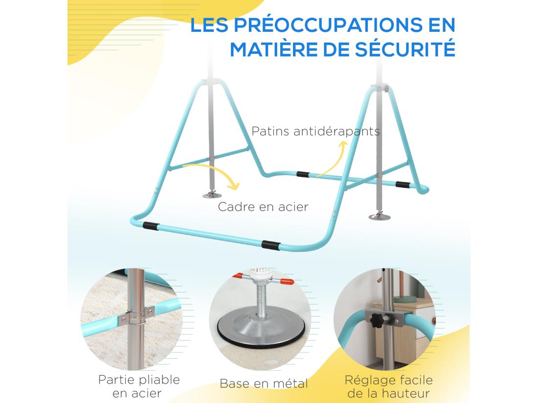 Vente Unique Barre Fixe De Gymnastique Enfant - Barre De Gymnastique Pliable Hauteur Réglable 4 Niv. 88 à 128 Cm - Acier Bleu Ciel