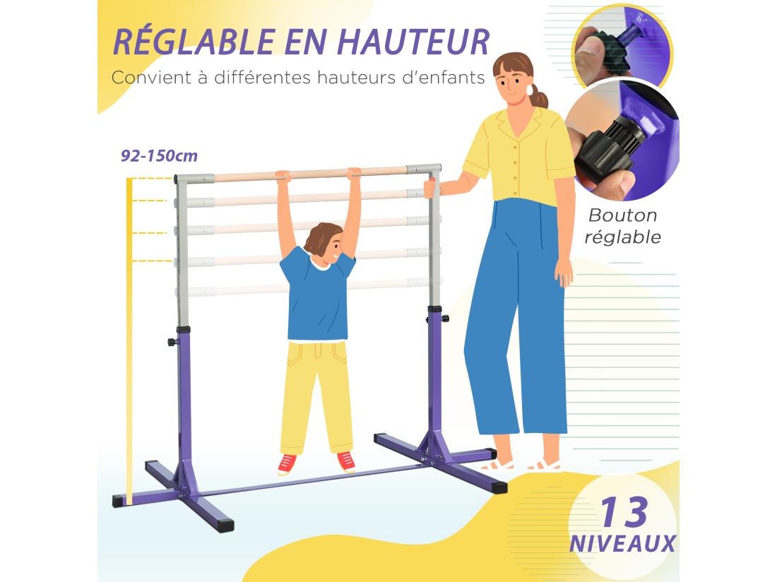 Vente Unique Barre Fixe De Gymnastique Enfant - Barre De Gymnastique Hauteur Réglable 13 Niveaux 92 à 150 Cm - Acier Violet Bois Massif Hêtre