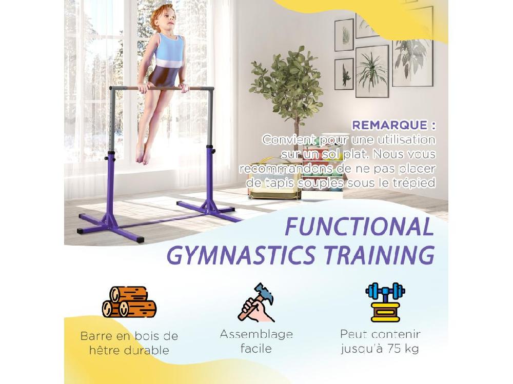 Vente Unique Barre Fixe De Gymnastique Enfant - Barre De Gymnastique Hauteur Réglable 13 Niveaux 92 à 150 Cm - Acier Violet Bois Massif Hêtre