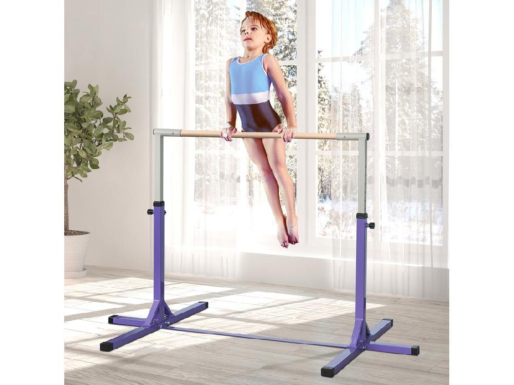 vente unique Barre fixe de gymnastique enfant - barre de gymnastique hauteur réglable 13 niveaux 92 à 150 cm - acier violet bois massif hêtre