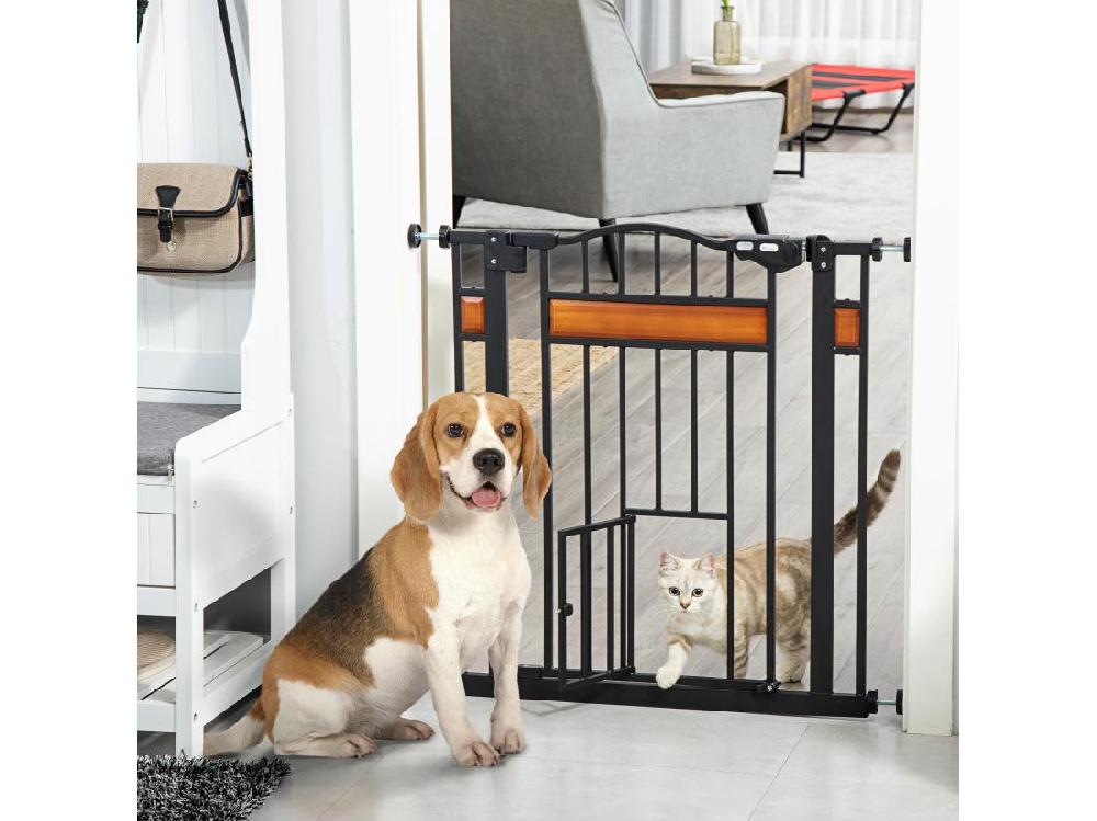 Vente Unique Barrière De Sécurité Animaux - Longueur Réglable Dim. 74-80 Cm - 2 Portes Verrouillables Ouverture Double Sens - Sans Perçage - Acier Noir Pin