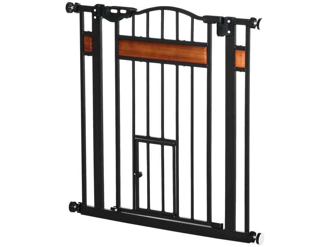 Vente Unique Barrière De Sécurité Animaux - Longueur Réglable Dim. 74-80 Cm - 2 Portes Verrouillables Ouverture Double Sens - Sans Perçage - Acier Noir Pin