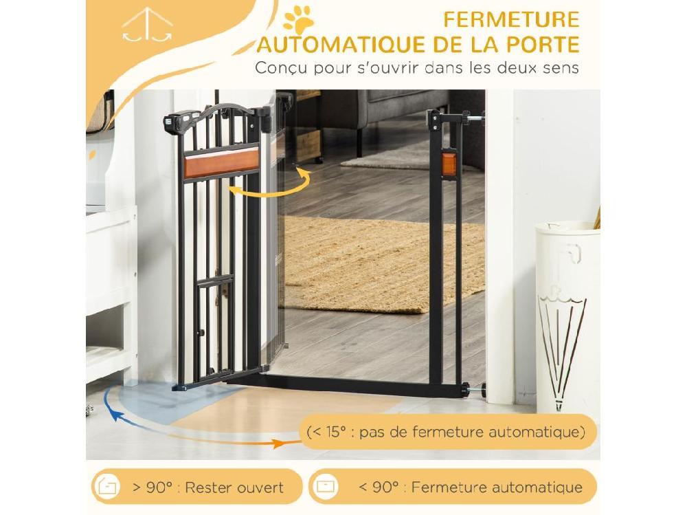 Vente Unique Barrière De Sécurité Animaux - Longueur Réglable Dim. 74-80 Cm - 2 Portes Verrouillables Ouverture Double Sens - Sans Perçage - Acier Noir Pin