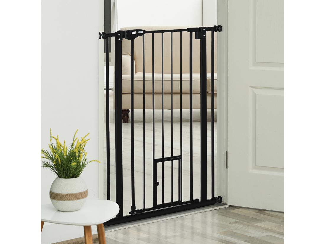 Vente Unique Barrière De Sécurité Animaux - Longueur Réglable Dim. 74-80 Cm - Porte Double Verrouillage Ouverture Double Sens Petite Porte -sans Perçage - Acier Plastique Noir