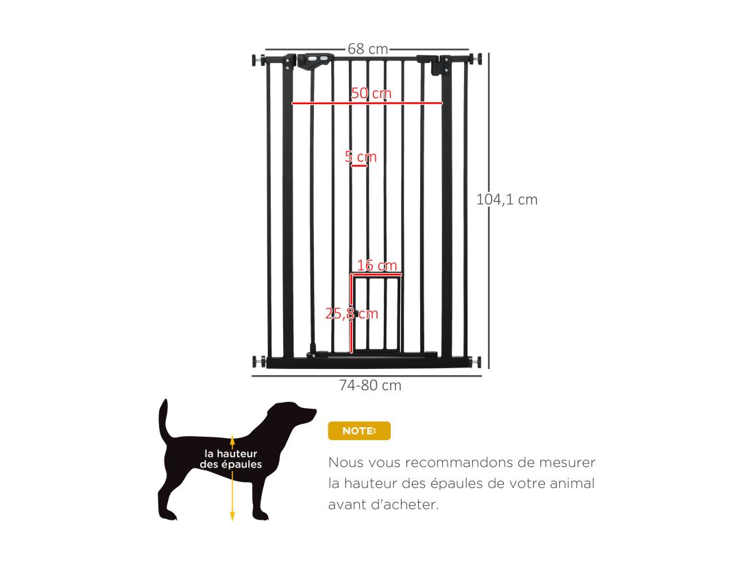 Vente Unique Barrière De Sécurité Animaux - Longueur Réglable Dim. 74-80 Cm - Porte Double Verrouillage Ouverture Double Sens Petite Porte -sans Perçage - Acier Plastique Noir