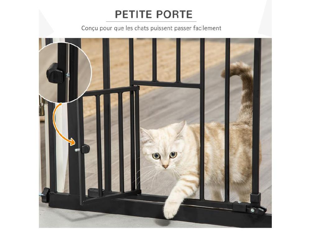 vente unique Barrière de sécurité animaux - longueur réglable dim. 74-80 cm - porte double verrouillage ouverture double sens petite porte -sans perçage - acier plastique noir