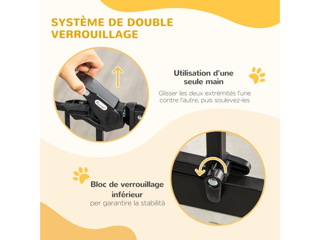 Vente Unique Barrière De Sécurité Animaux - Longueur Réglable Dim. 74-80 Cm - 2 Portes Verrouillables Ouverture Double Sens - Sans Perçage - Acier Noir Pin