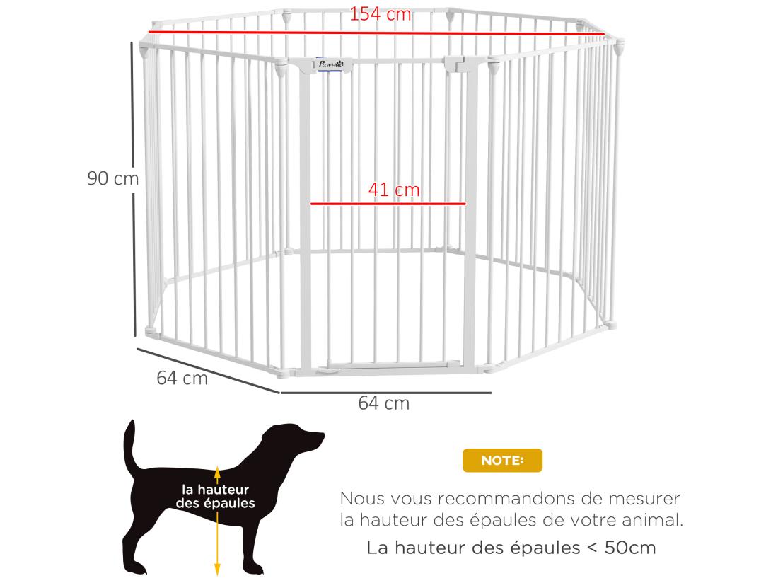 Vente Unique Barrière De Sécurité Parc Enclos Chien Modulable Pliable Porte Verrouillable Intégrée 8 Panneaux Acier PP Blanc